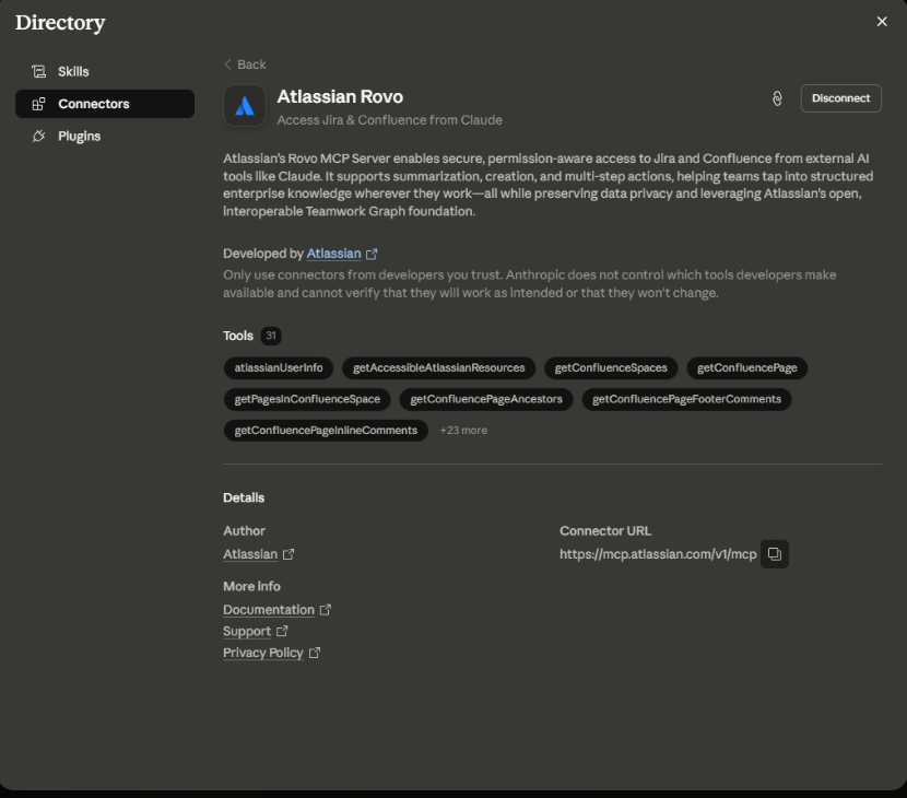 Connector Atlassian Rovo đã bật — hiện nút Disconnect + danh sách công cụ Confluence/Jira